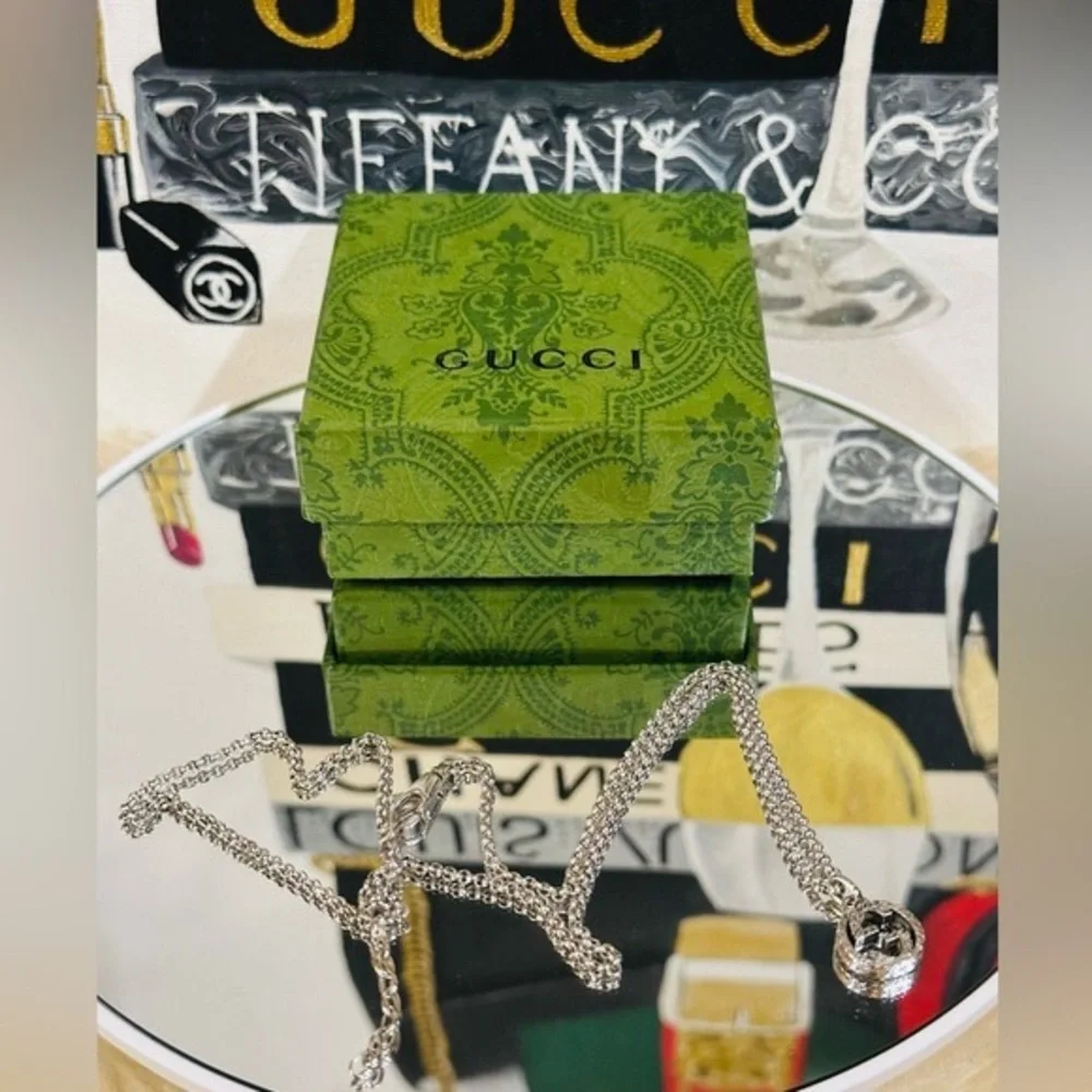 GUCCI INTERLOCKING NECKLACE 925 Silver Adjustable Chain w/ Box - Picture 2 of 4